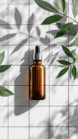 Glass dropper bottle with serum or essential oil on white background with green leaves. Natural cosmetic concept.の写真素材