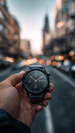 Man's hand holding a smart watch on the background of the city