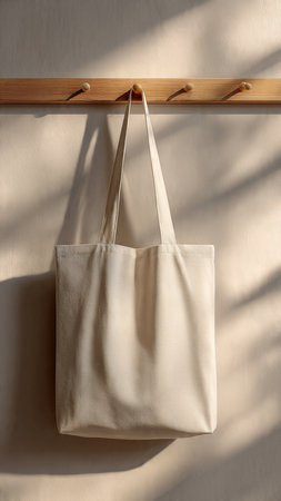 Eco bag hanging on wooden hanger against white wall, closeupの写真素材