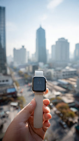 Hand holding smart watch on blurred background of skyscrapers in Bangkok, Thailandの写真素材