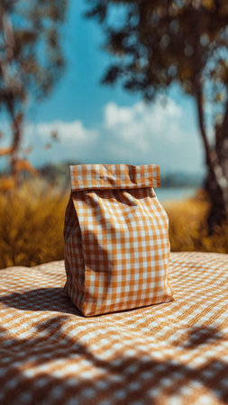 Picnic bag on a checkered tablecloth in an open fieldの写真素材