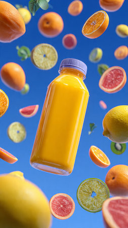 Orange juice in glass bottle with flying fruits on blue sky background.の写真素材
