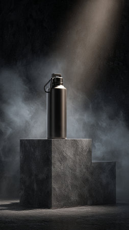Metal water bottle on a concrete pedestal with smoke in the darkの写真素材
