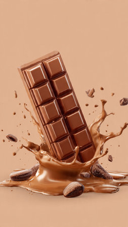 Chocolate splashing out of a chocolate bar, isolated on brown backgroundの写真素材