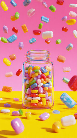 Colorful candies falling in glass jar on yellow and pink background