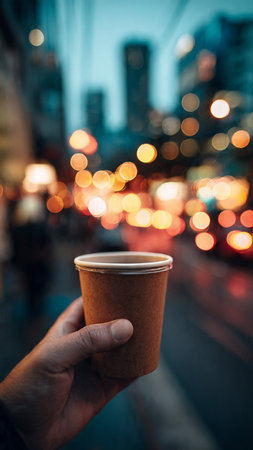 Close-up of male hand holding paper cup of coffee in city at nightの写真素材