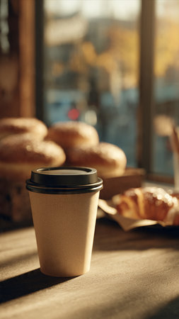 Coffee to go and bread on table in cafe. Good morningの写真素材