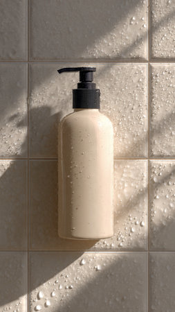 Liquid soap dispenser on tile wall in bathroom, close-upの写真素材