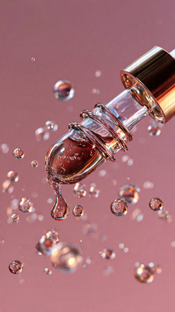 Cosmetic pipette with serum and drops of oil on a pink background