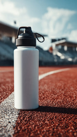 Sports water bottle on a running track. Close-up view.の写真素材
