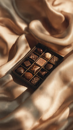 Chocolate candies in box on golden silk background. Toned.の写真素材