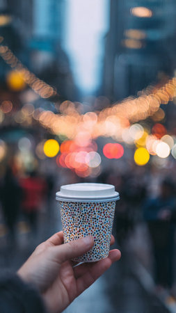 Coffee cup in hand with blur light bokeh background