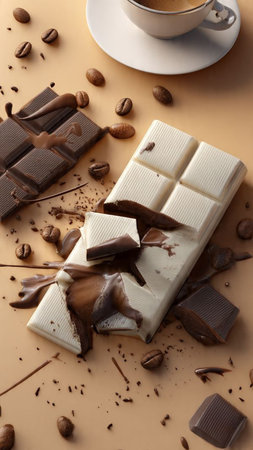 Coffee and chocolate bar on beige background, closeup