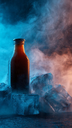 bottle and ice on dark background with smoke and fogの写真素材
