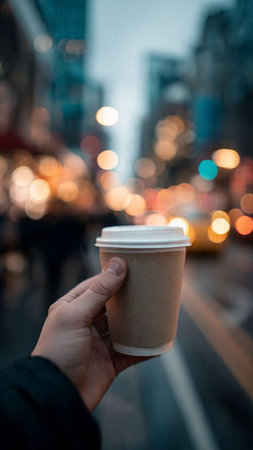 Coffee in a paper cup in the hands of a manの写真素材
