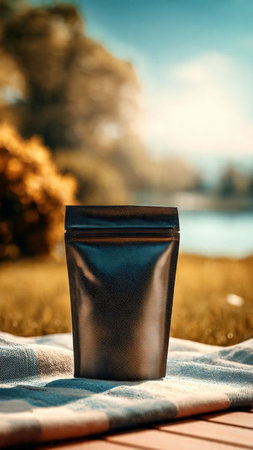 Coffee bag on a wooden table in the park at sunset