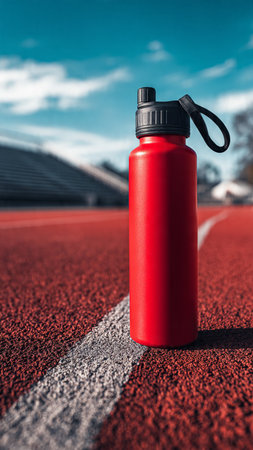 Sport water bottle on a running track. Concept of healthy lifestyle.の写真素材