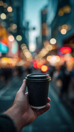 Male hand holding a paper cup of coffee in the city at nightの写真素材