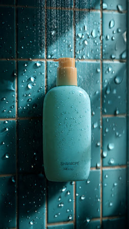 Bottle of shampoo and shower gel with water drops on tiles background