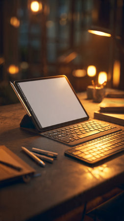 Tablet computer with blank screen on wooden table in cafe at nightの写真素材