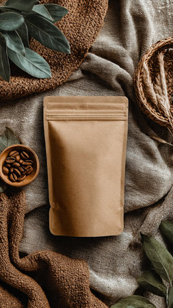 Coffee bag mockup on sackcloth background. Flat lay, top view.の写真素材