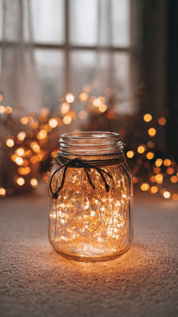 Glass jar with garland on the background of the window and lights.の写真素材