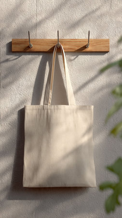 Eco bag hanging on wooden hanger on white wall background.