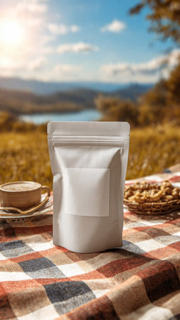 Coffee in a white bag on a checkered tablecloth.