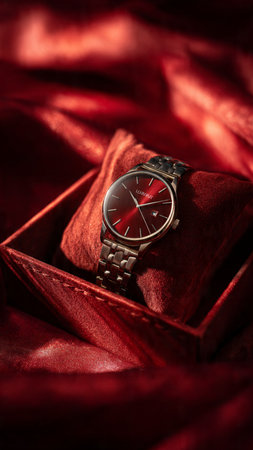 Wristwatch on red satin background. Luxury watch.