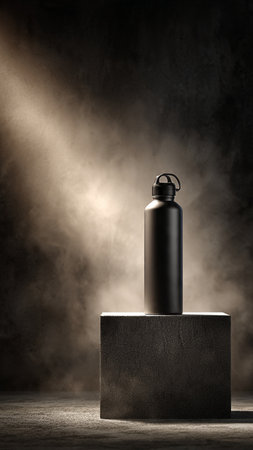 Black water bottle on concrete pedestal with smoke on dark background.の写真素材