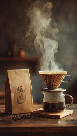 Coffee grinder and paper bag with coffee beans on wooden tableの写真素材