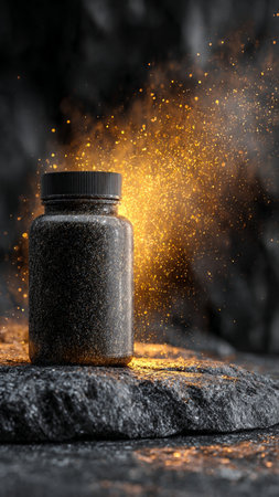 Jar on a dark background. Glittering powder.の写真素材