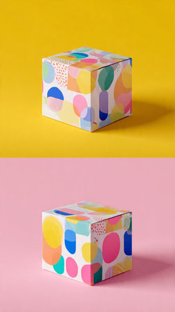 Colorful geometric gift box on pink and yellow background. Minimal style.の写真素材