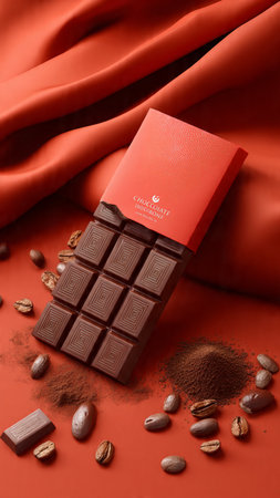 Chocolate bar with coffee beans on a red satin background.
