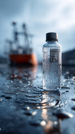 Bottle of water on wet surface with boat in the background