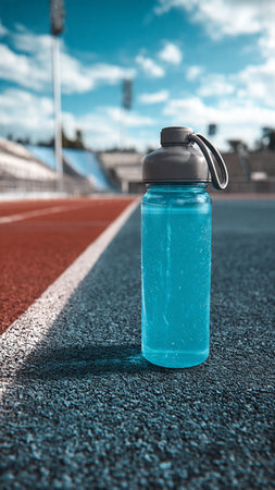 Sports water bottle on the running track, closeup of sport equipmentの写真素材