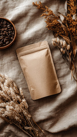 Coffee beans in a brown paper bag on a linen backgroundの写真素材