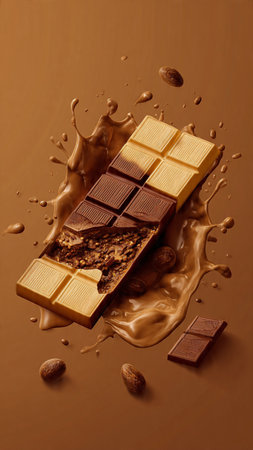 Chocolate with chocolate splashes and chocolate pieces on a brown backgroundの写真素材