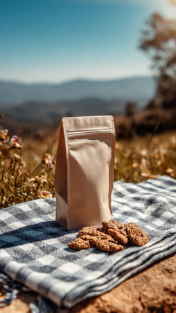 Oatmeal cookies in a paper bag on a picnic blanket in the field.