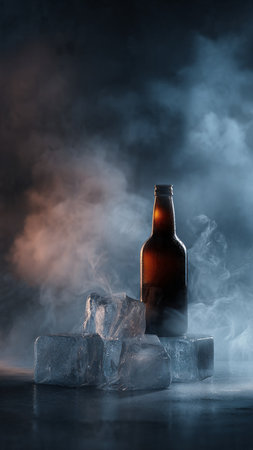Bottle of beer and ice cubes on a dark background with smokeの写真素材