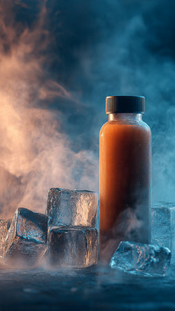 bottle of carrot juice with ice cubes on a dark background.の写真素材