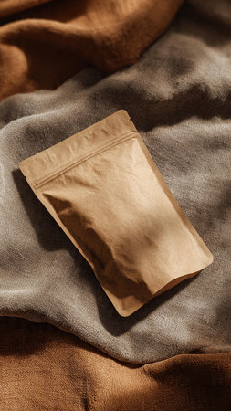 Coffee bag on brown fabric background. Toned image.の写真素材