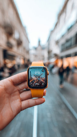 Smartwatch Series 4 in the hand of a young man in Paris, Franceの写真素材