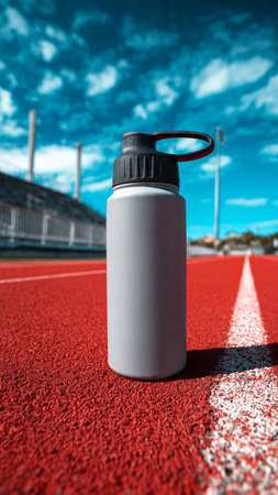 Sport water bottle on the running track. 3d render illustration.