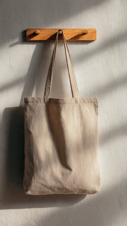 Beige tote bag hanging on the wall with sunlight and shadow