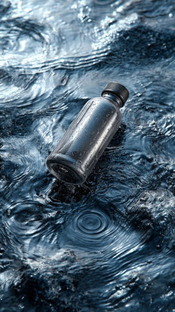 bottle of water on the water surface, concept of environmental pollutionの写真素材
