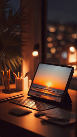 Laptop with blank screen on table in office at night. Freelance work conceptの写真素材