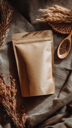 Brown paper bag and wooden spoon with dry grass on fabric background.