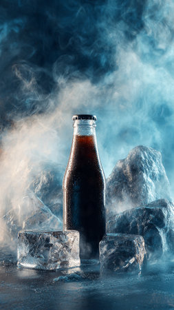 bottle of cola with ice cubes on black table with smokeの写真素材