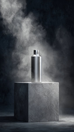 Cosmetic spray bottle on concrete pedestal with smoke on dark backgroundの写真素材
